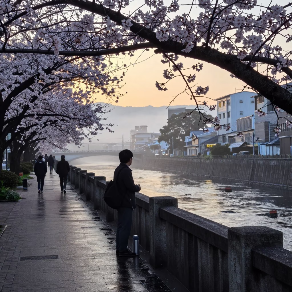 Fukuoka Japan Dawn Street Scene with Thermos and Cherry Blossoms in in Fukuoka, Japan