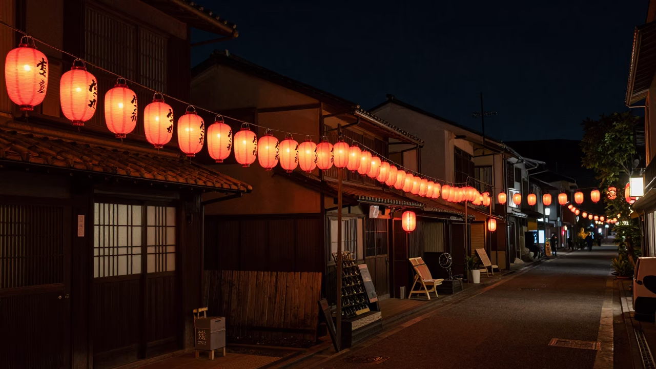 Fukuoka Japan deep night street scene with traditional lanterns and urban architecture in in Fukuoka, Japan