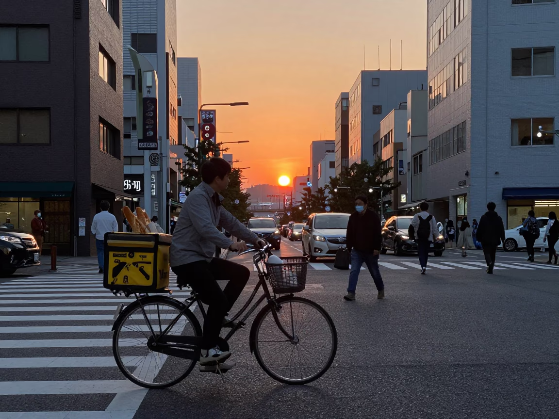 Fukuoka Japan Dusk Street Scene with Bicycle and Urban Details in in Fukuoka, Japan