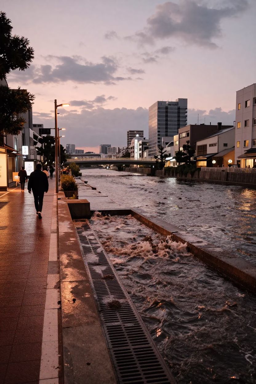 Fukuoka Japan Dusk Street Scene with Storm Drain and River Outfall in in Fukuoka, Japan