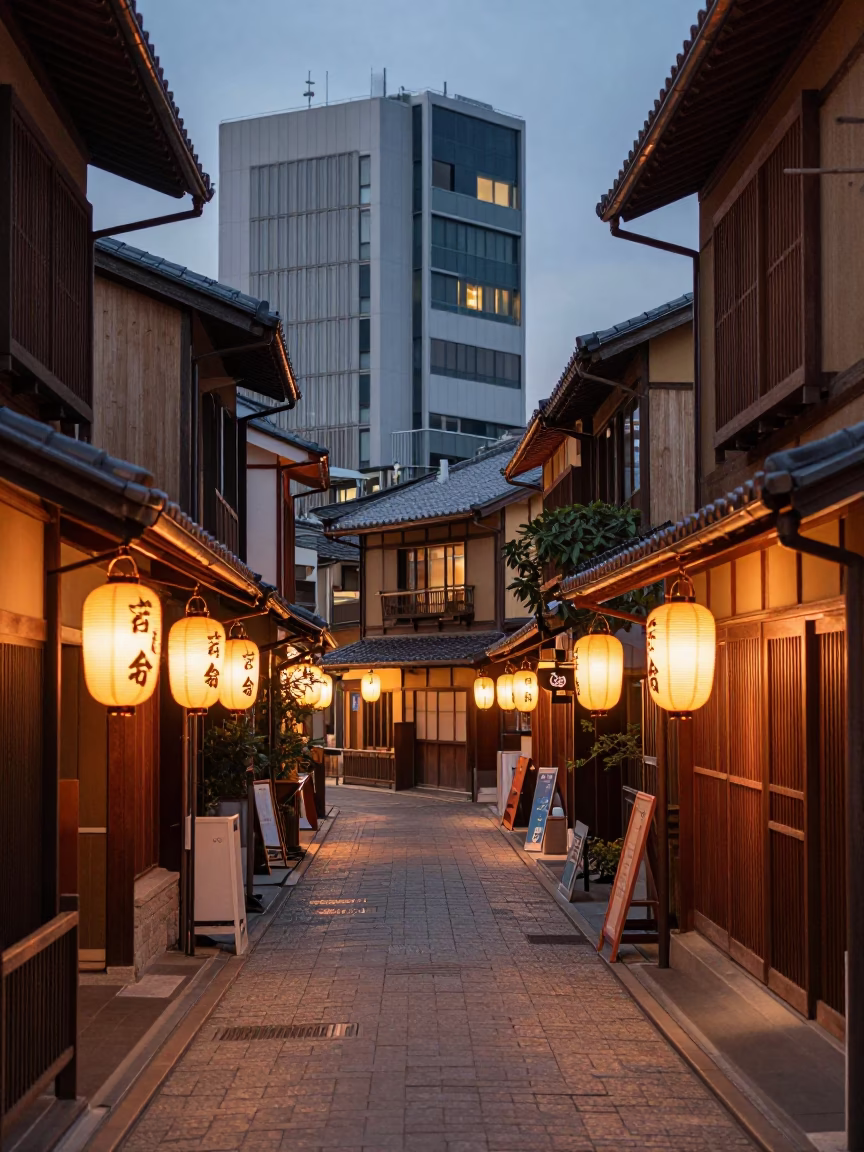 Fukuoka Japan Dusk Street Scene with Traditional Lanterns and Modern Neon Signs in in Fukuoka, Japan