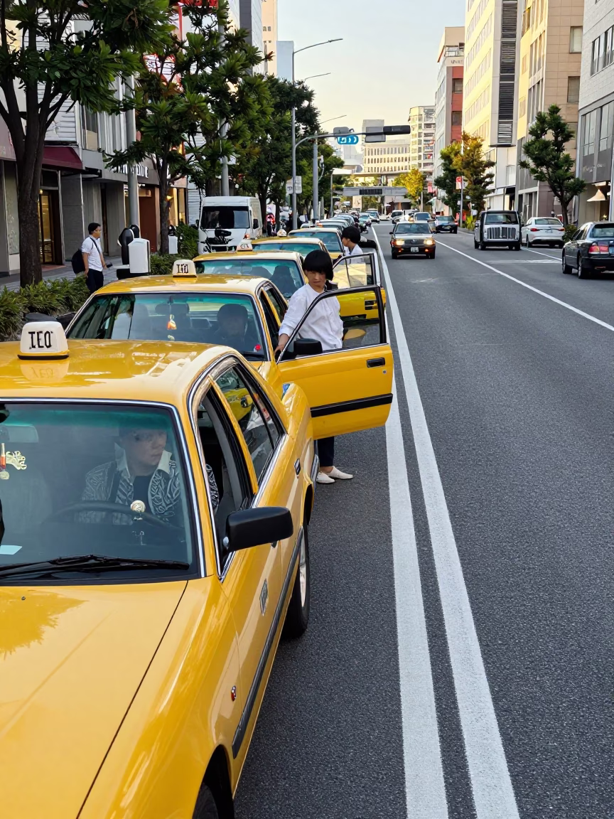 Fukuoka Japan Early Afternoon Street Scene with Taxi Rank and Local Pedestrians in in Fukuoka, Japan