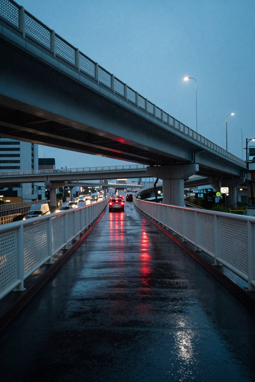 Fukuoka Japan Early Evening Rainy Overpass Interchange Taillights and Wet Footsteps in in Fukuoka, Japan