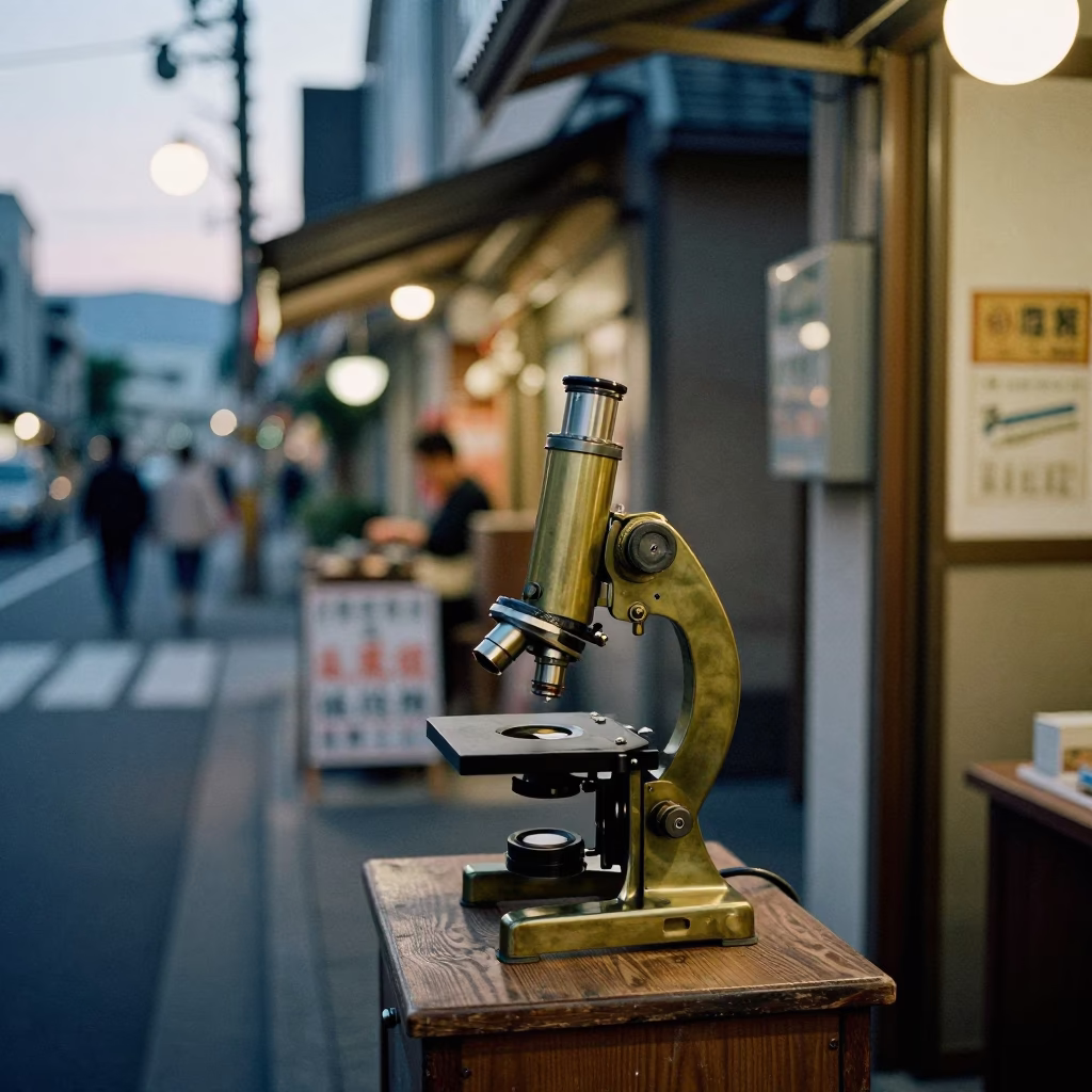 Fukuoka Japan Early Evening Street Scene with Antique Brass Microscope on Wooden Counter in in Fukuoka, Japan