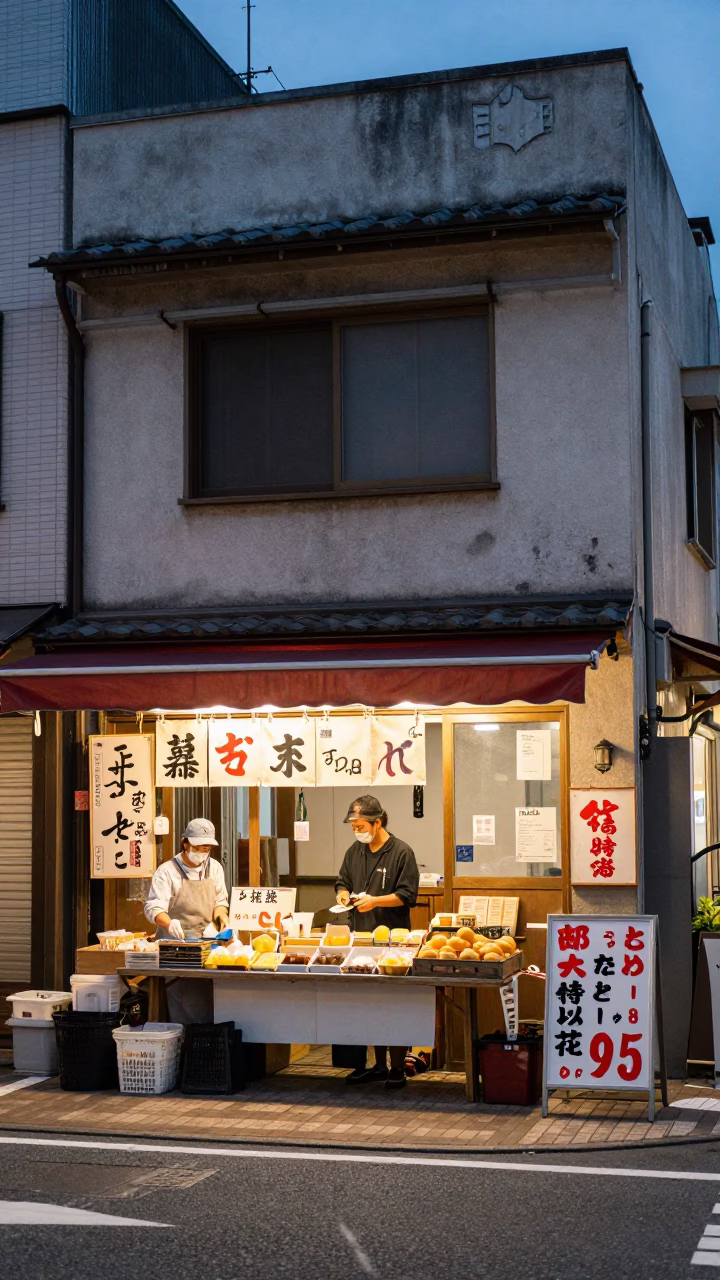 Fukuoka Japan Early Evening Street Scene with Local Food and Urban Details in in Fukuoka, Japan