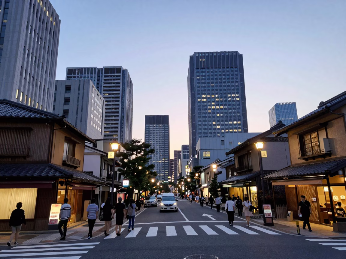 Fukuoka Japan Early Evening Street Scene with Skyscrapers and Traditional Lanterns in in Fukuoka, Japan