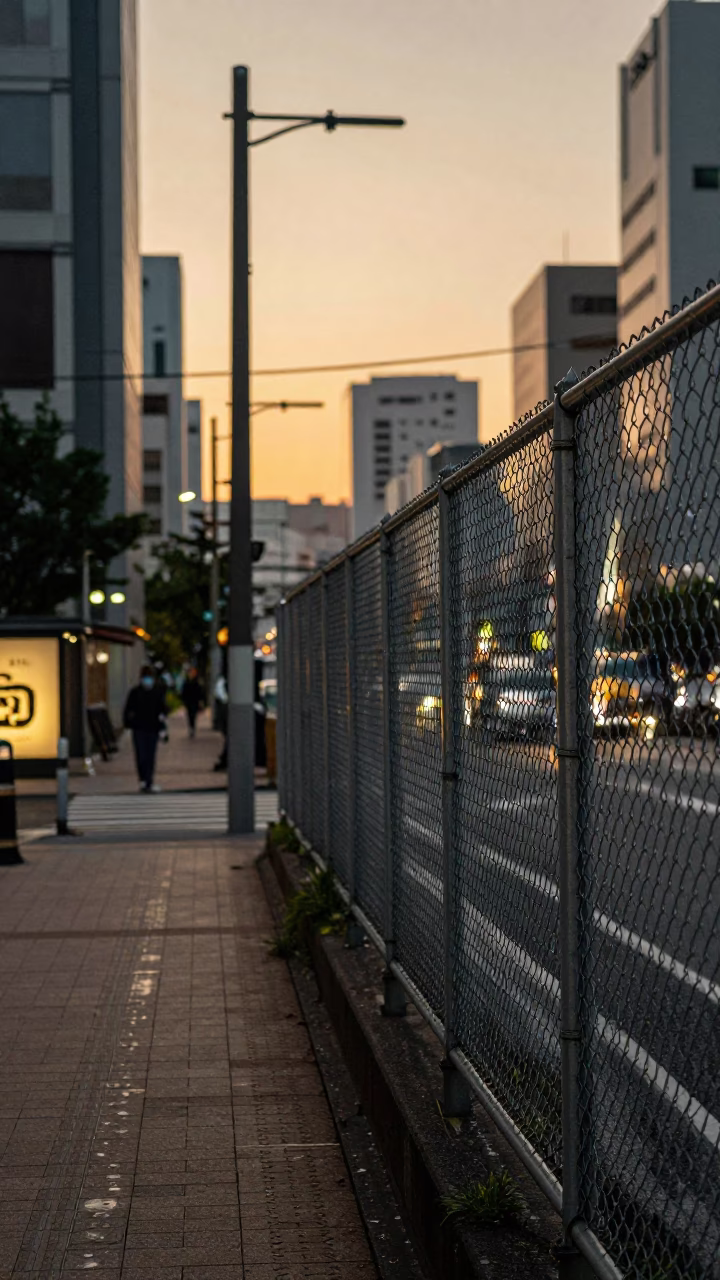 Fukuoka Japan Early Evening Street Scene with Substation Fence and Urban Infrastructure in in Fukuoka, Japan