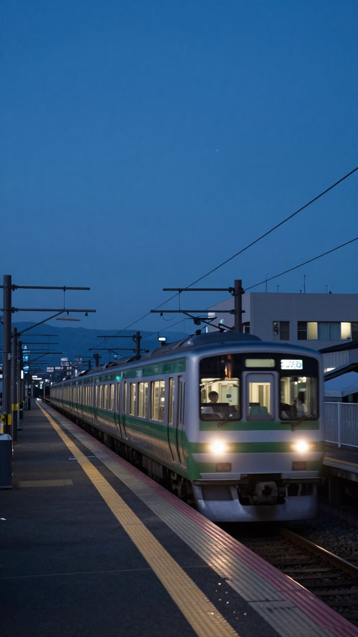 Fukuoka Japan Early Evening Suburban Platform Bullet Train Blur Realistic 1960s Scenic Horizon in in Fukuoka, Japan