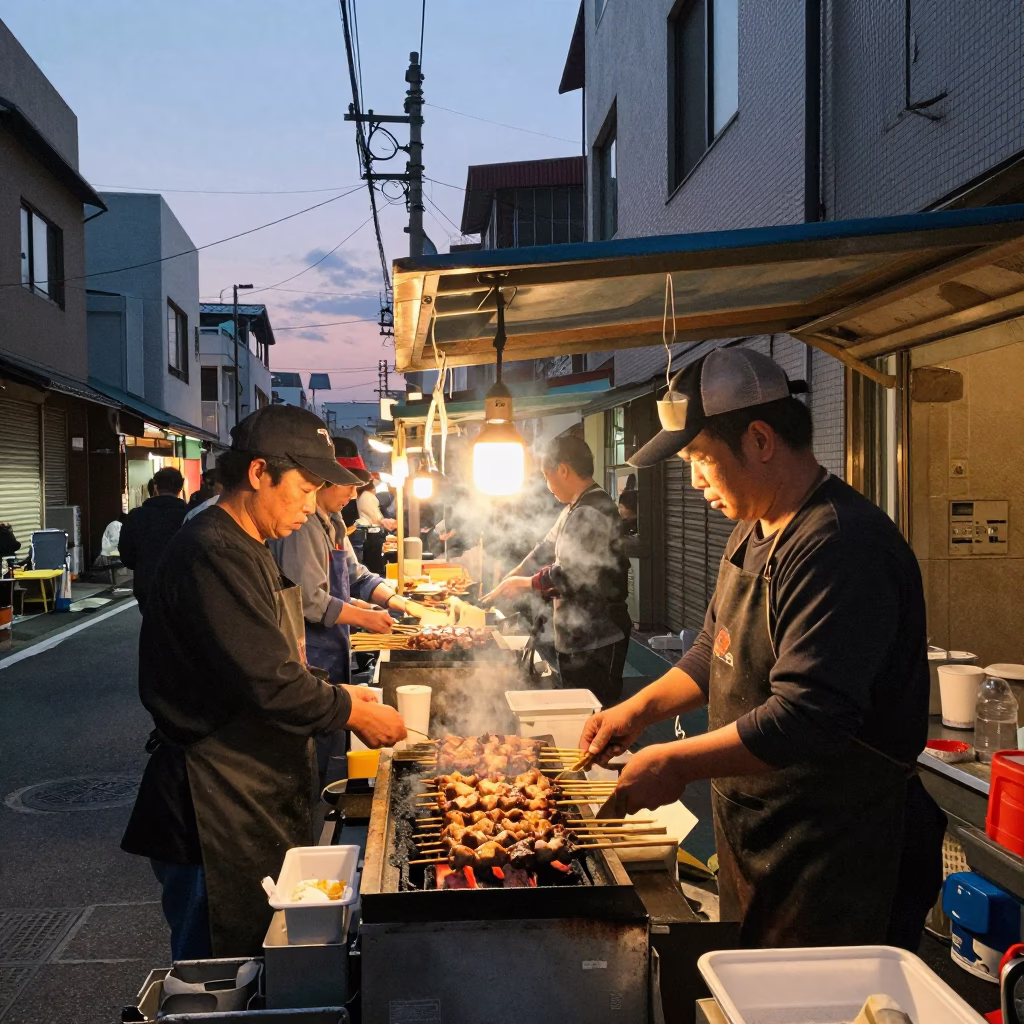 Fukuoka Japan Early Morning Dusk Street Scene with Kebab Grill and Ashtray in in Fukuoka, Japan