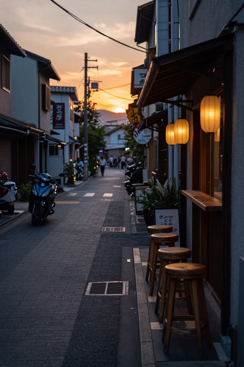 Fukuoka Japan evening street scene with bar stools and motorcycle at sunset in in Fukuoka, Japan
