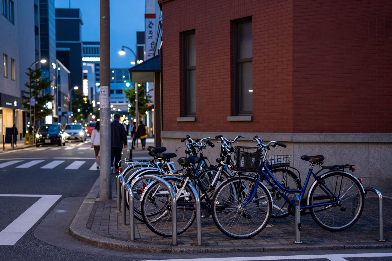 Fukuoka Japan Evening Street Scene with Bicycle Rack and Red Brick Lecture Building in in Fukuoka, Japan