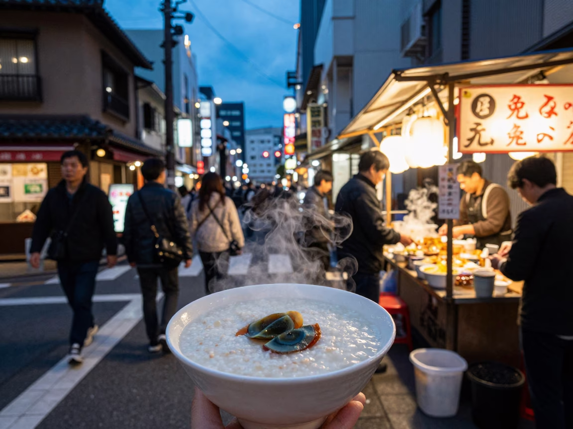 Fukuoka Japan Evening Street Scene with Bowl of Congee and Century Egg in in Fukuoka, Japan