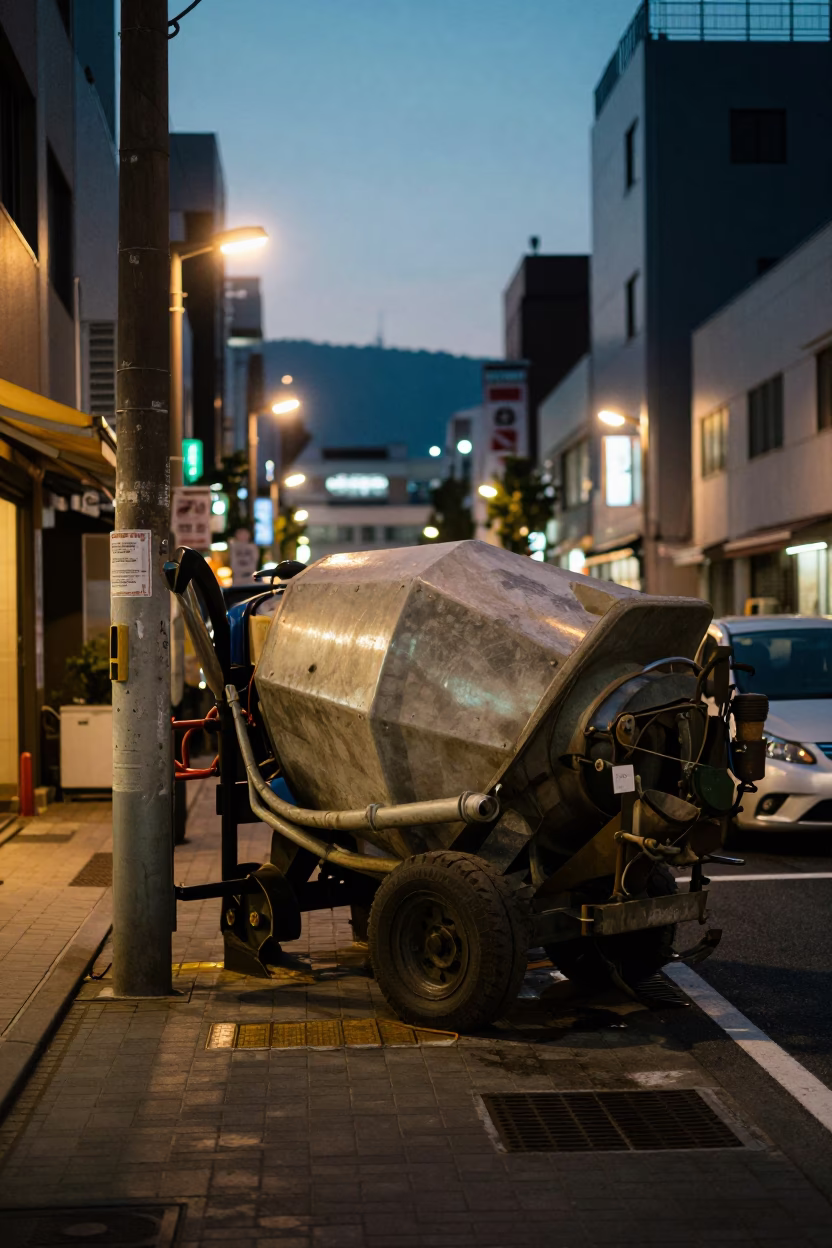 Fukuoka Japan Evening Street Scene with Cement Mixer and Local Urban Details in in Fukuoka, Japan