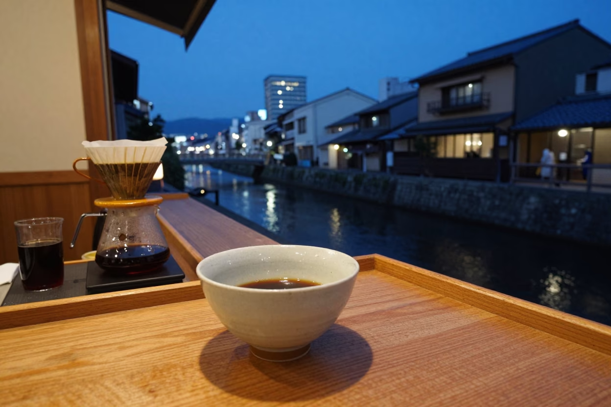 Fukuoka Japan Evening Street Scene with Ceramic Bowl and Coffee Brewing Near Canal in in Fukuoka, Japan