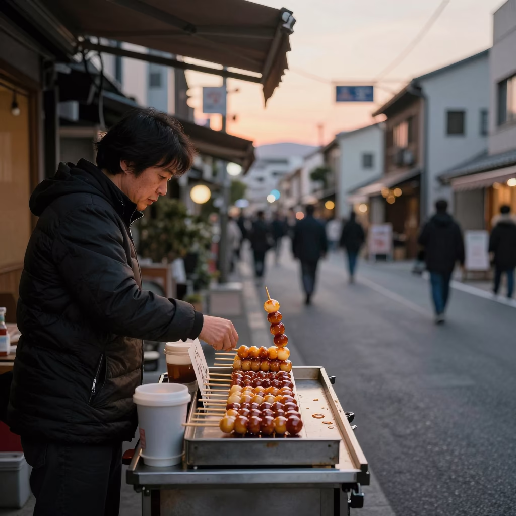 Fukuoka Japan Evening Street Scene with Dango Skewers and Local Shop in in Fukuoka, Japan