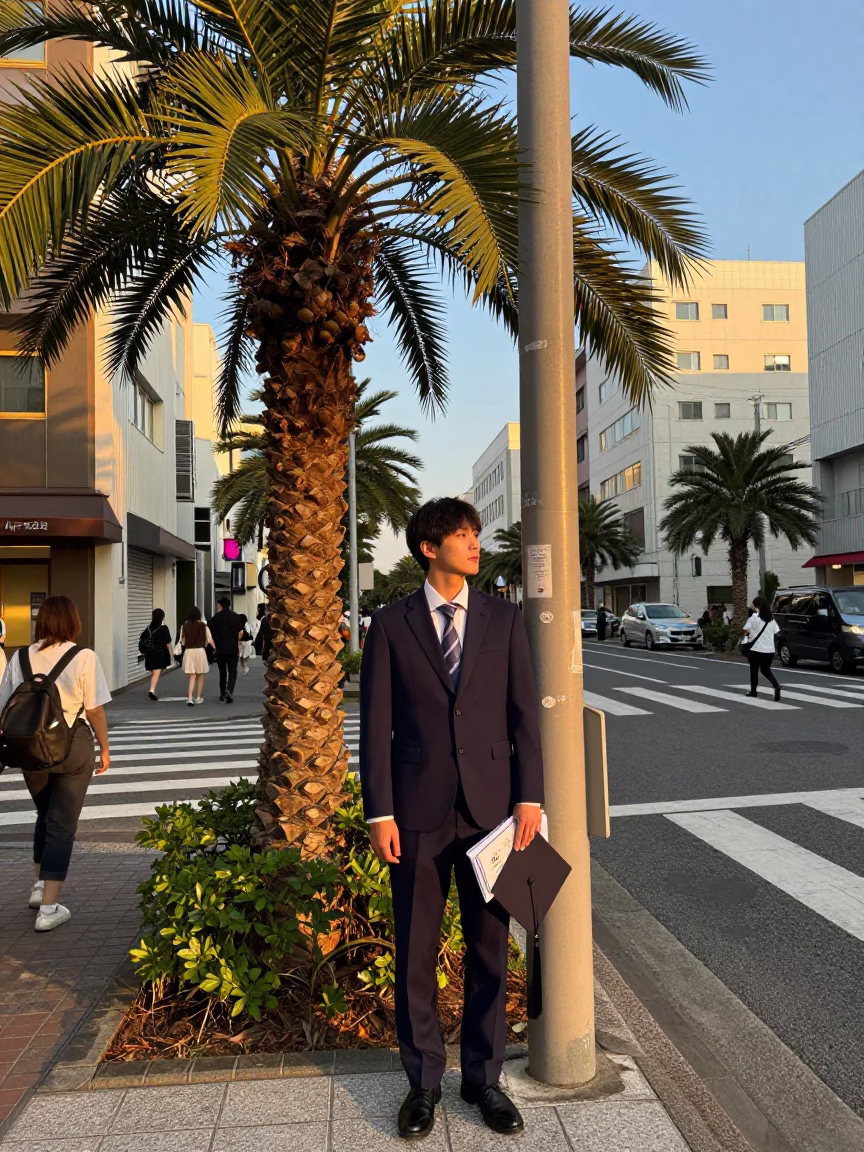 Fukuoka Japan Evening Street Scene with Date Palm and Graduation Cap in in Fukuoka, Japan