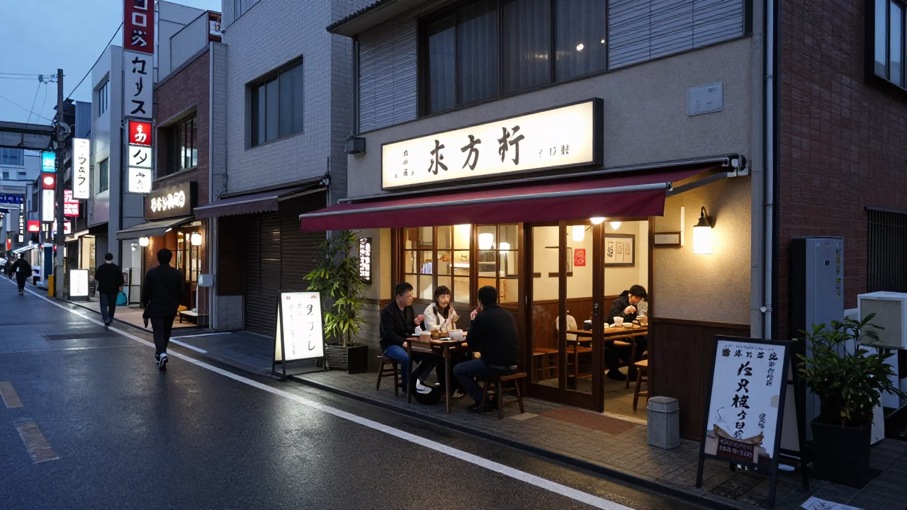 Fukuoka Japan Evening Street Scene with Local Dining and Urban Architecture in in Fukuoka, Japan