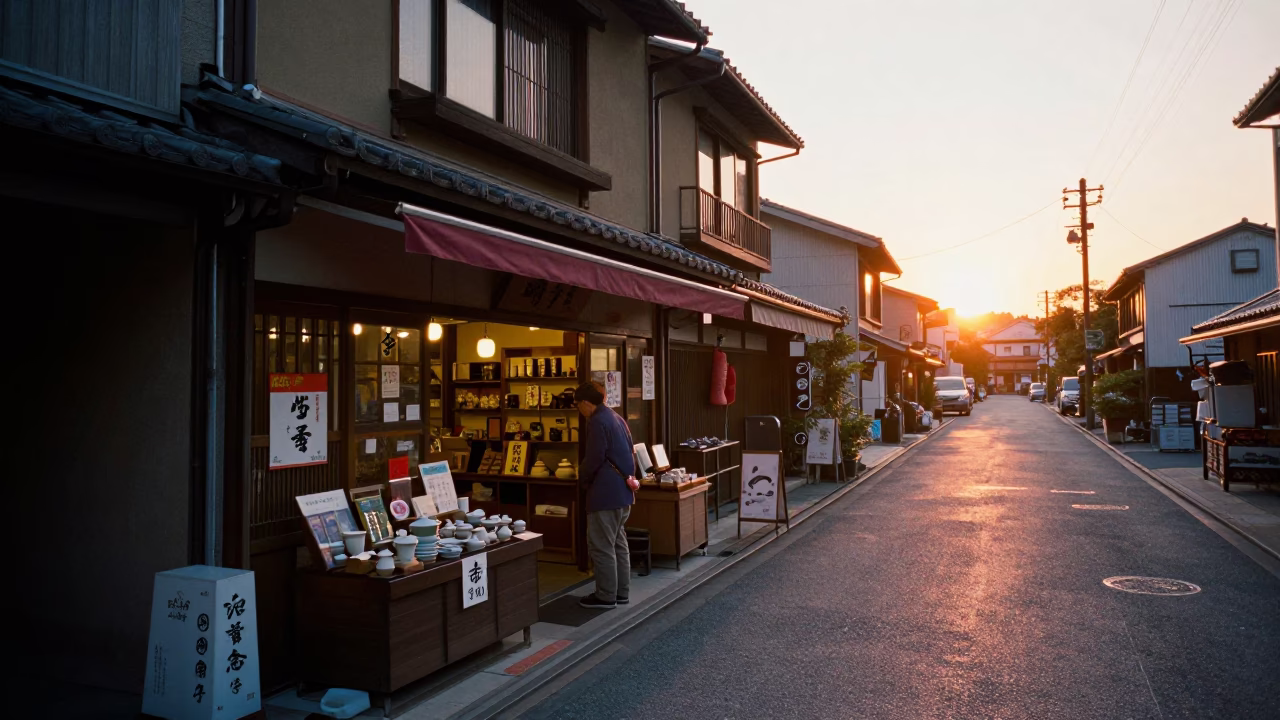 Fukuoka Japan Evening Street Scene with Local Shopkeeper and Traditional Elements in in Fukuoka, Japan