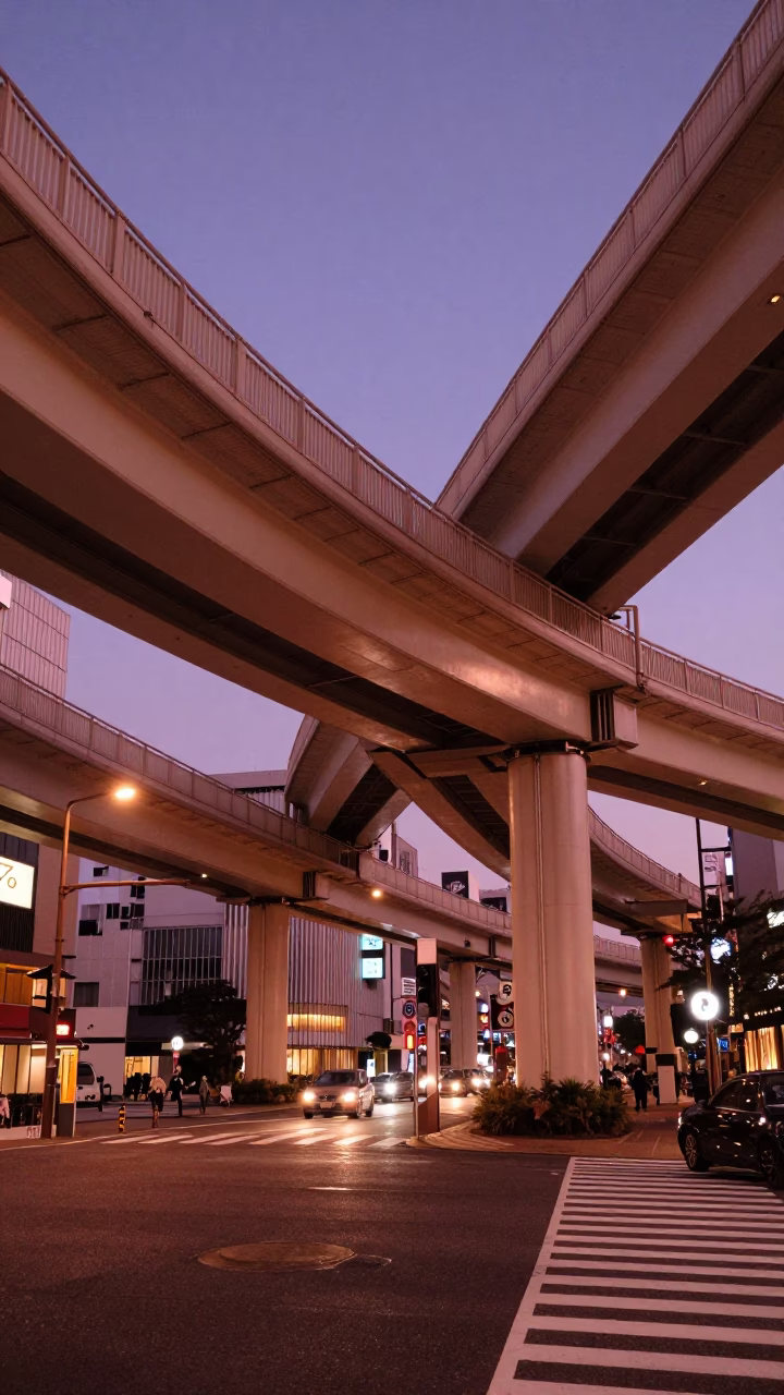 Fukuoka Japan Evening Street Scene with Overpass Interchange Ramp Slicing Across Violet Sky in in Fukuoka, Japan
