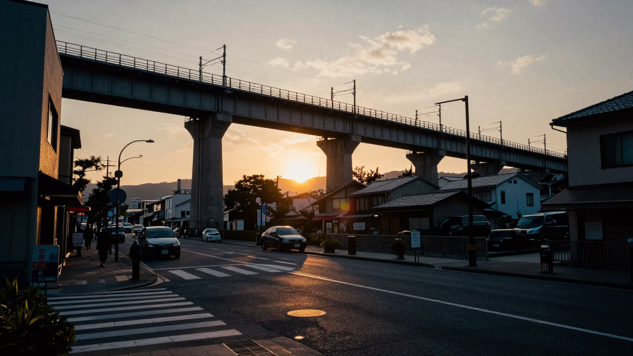 Fukuoka Japan Evening Street Scene with Railway Viaduct and Local Dining in in Fukuoka, Japan