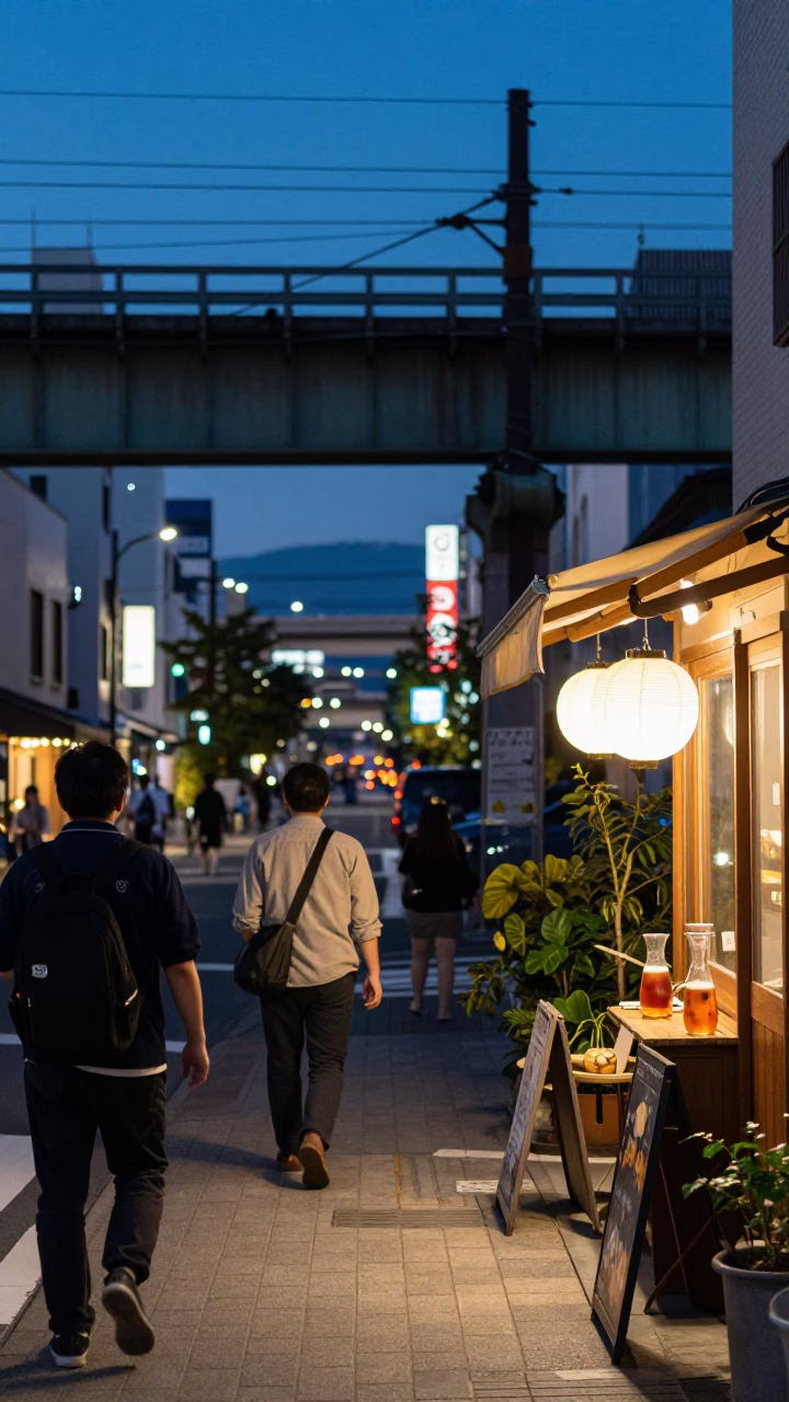 Fukuoka Japan Evening Street Scene with Railway Viaduct and Local Life in in Fukuoka, Japan