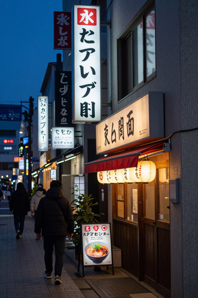 Fukuoka Japan Evening Street Scene with Ramen Shop Signage and Dusk City Lights in in Fukuoka, Japan