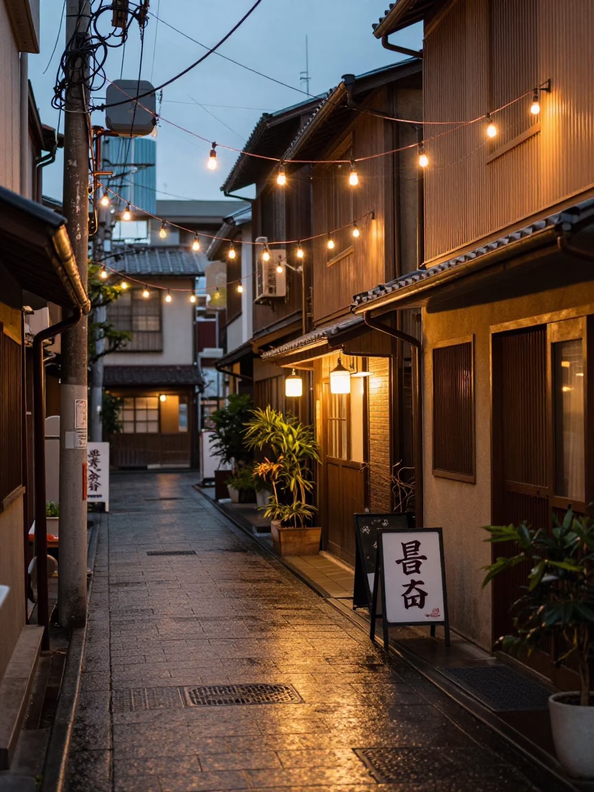 Fukuoka Japan Evening Street Scene with String Lights and Local Dining Atmosphere in in Fukuoka, Japan