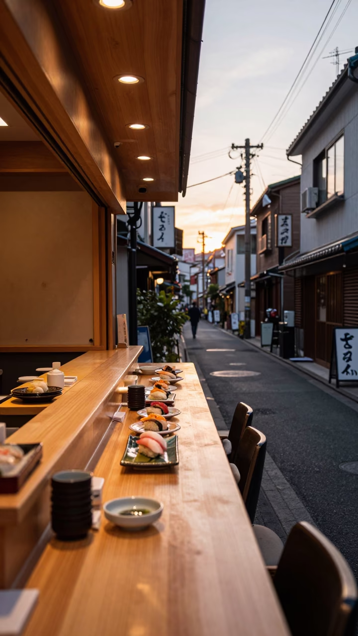 Fukuoka Japan Evening Street Scene with Sushi Counter and Ceramic Tiles in in Fukuoka, Japan
