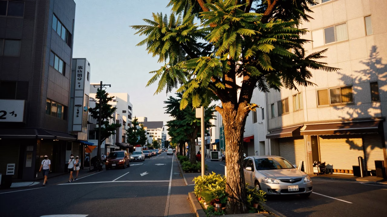 Fukuoka Japan Evening Street Scene with Tamarind Tree and Urban Life in in Fukuoka, Japan