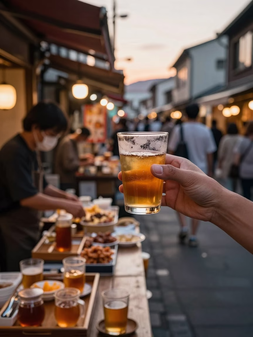Fukuoka Japan Evening Street Scene with Traditional Drink and Market Details in in Fukuoka, Japan