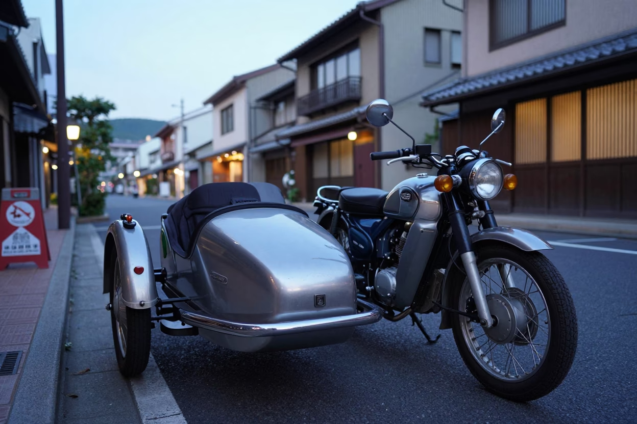 Fukuoka Japan Evening Street Scene with Vintage Motorcycle Sidecar and Narrow Alleyway in in Fukuoka, Japan