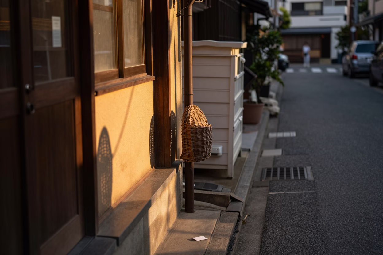 Fukuoka Japan Evening Street Scene with Wicker Shadow and Storage Tins in in Fukuoka, Japan