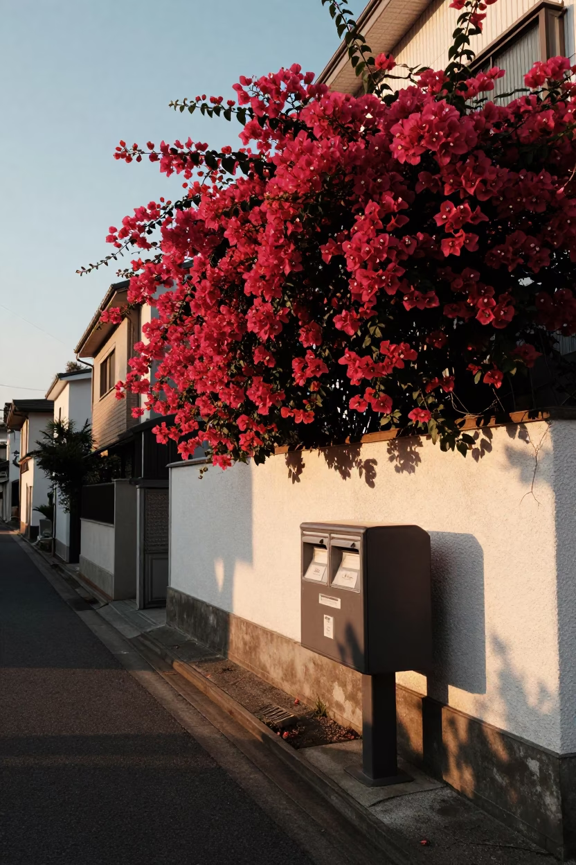 Fukuoka Japan Golden Hour Street Scene with Bougainvillea and Mailbox in in Fukuoka, Japan