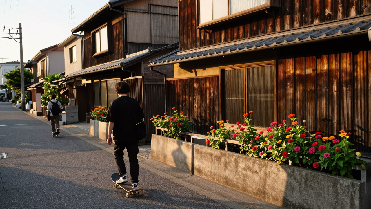 Fukuoka Japan Golden Hour Street Scene with Skateboard and Zinnias in in Fukuoka, Japan