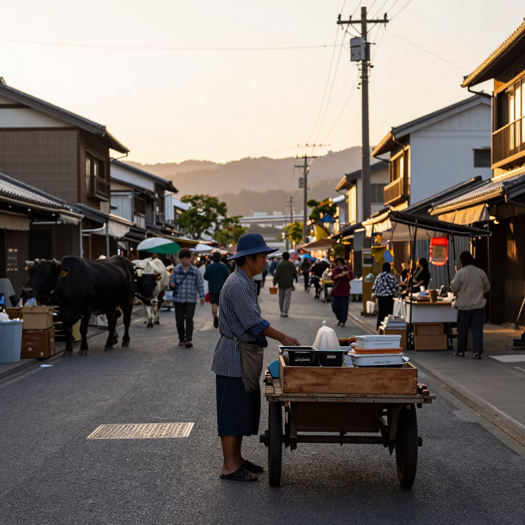Fukuoka Japan Golden Hour Street Scene with Traditional Cattle and Market Activity in in Fukuoka, Japan