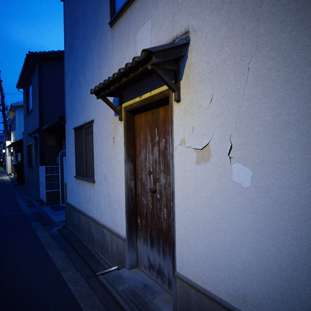 Fukuoka Japan indigo twilight street scene with cracked stucco and brass bell in in Fukuoka, Japan