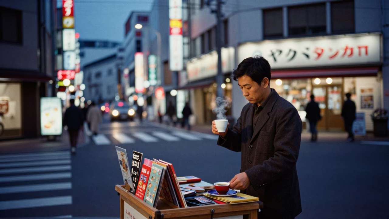 Fukuoka Japan Indigo Twilight Street Scene with Espresso Cup and Rain Boots in in Fukuoka, Japan