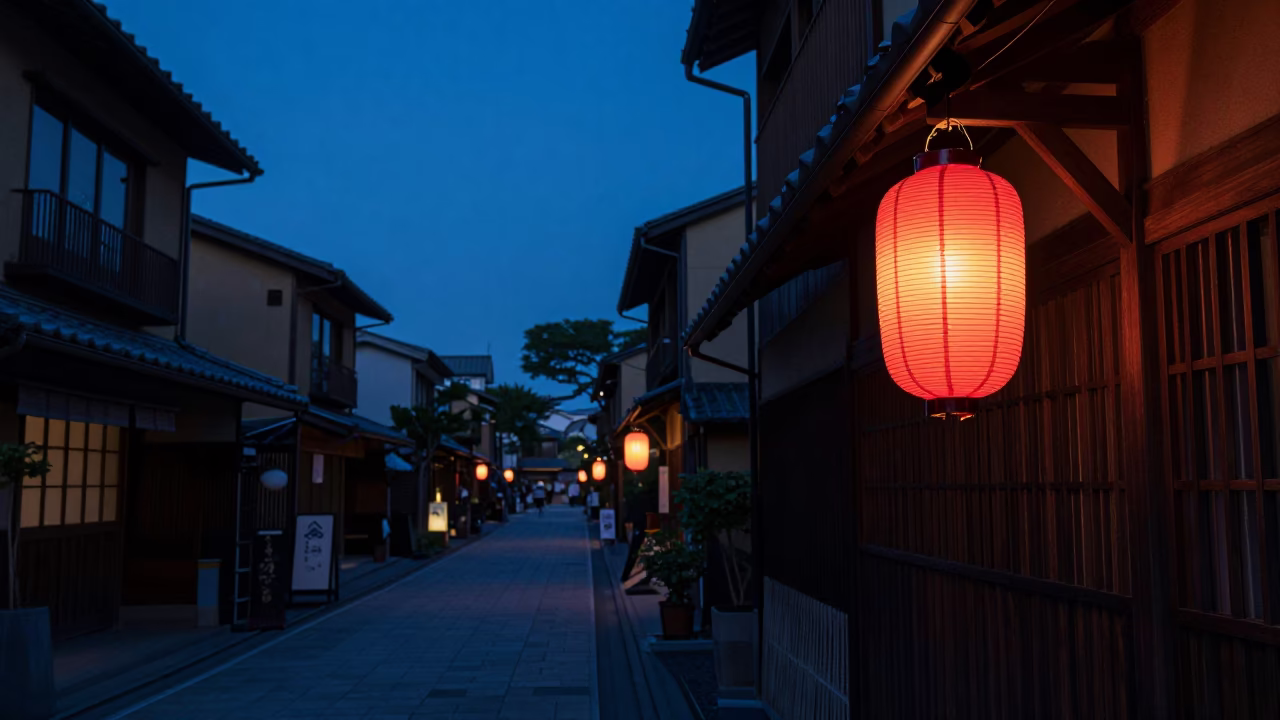 Fukuoka Japan indigo twilight street scene with glowing paper lanterns and urban life in in Fukuoka, Japan