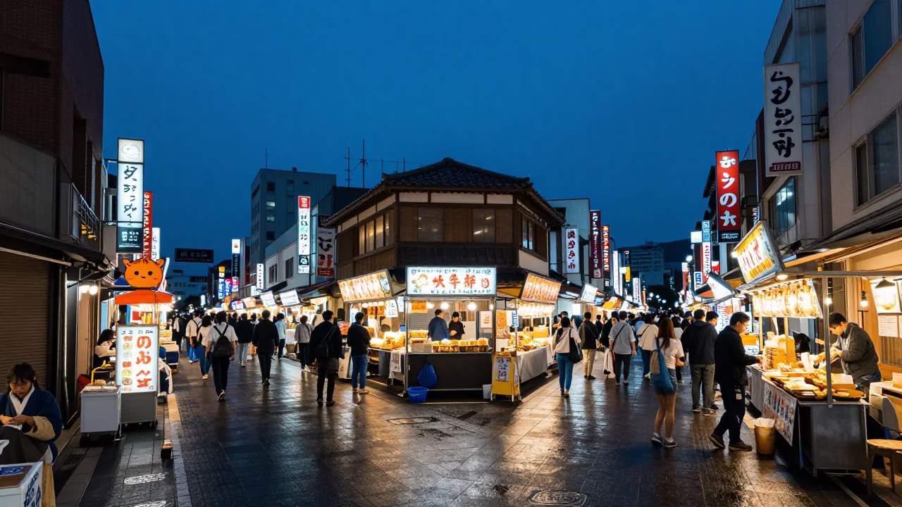 Fukuoka Japan indigo twilight street scene with night market food court and local pedestrians in in Fukuoka, Japan