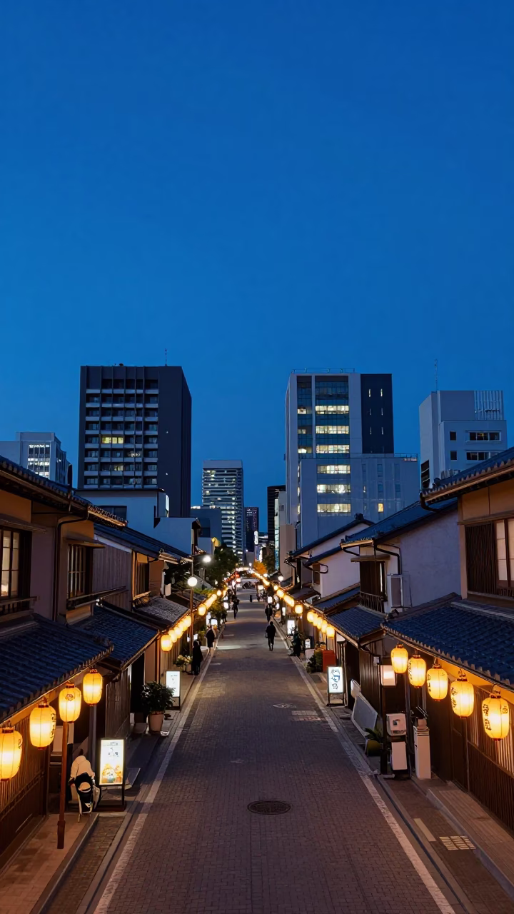 Fukuoka Japan indigo twilight street scene with paper lanterns and urban architecture in in Fukuoka, Japan