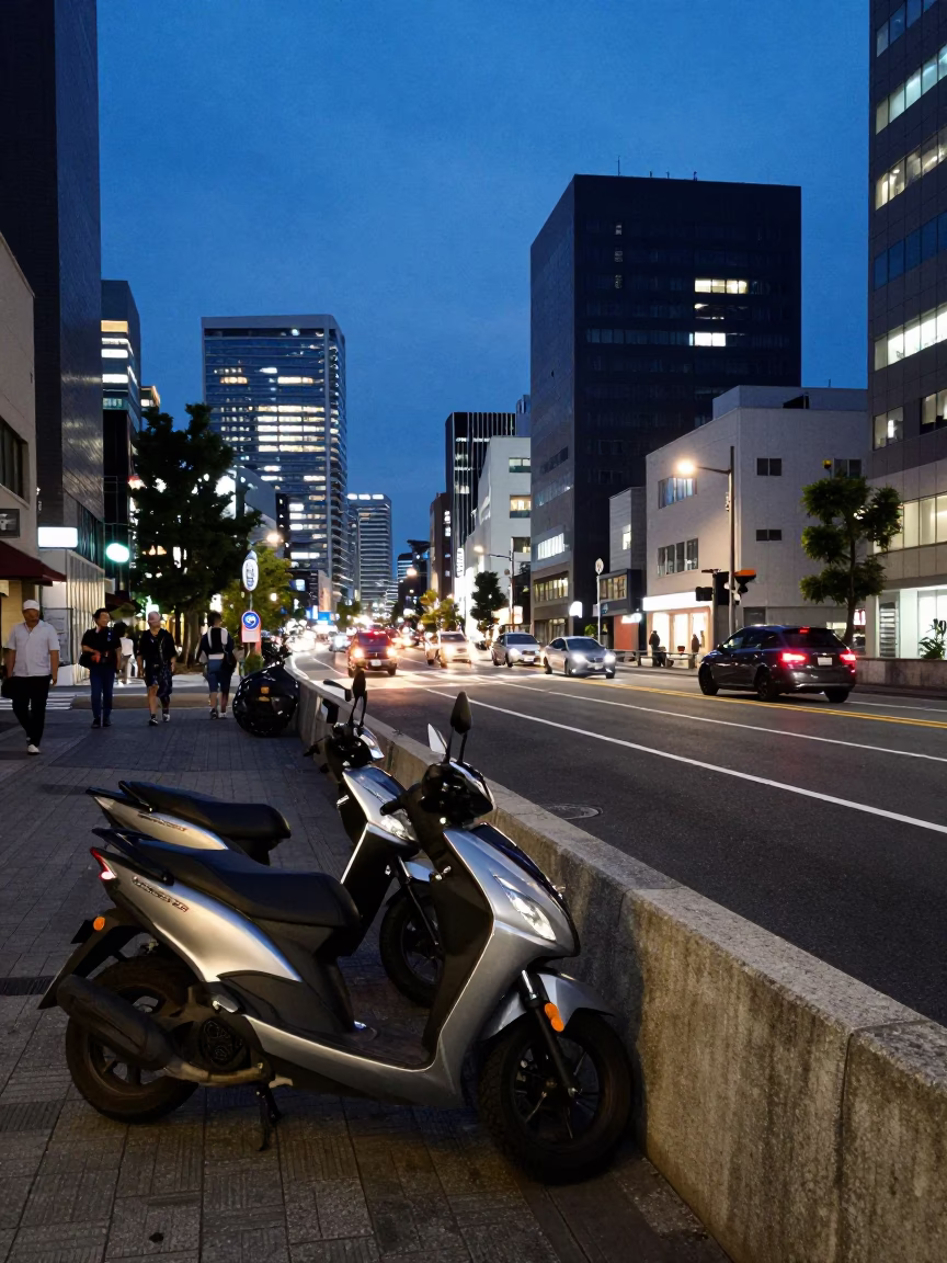 Fukuoka Japan indigo twilight street scene with parked scooter and urban neon reflections in in Fukuoka, Japan