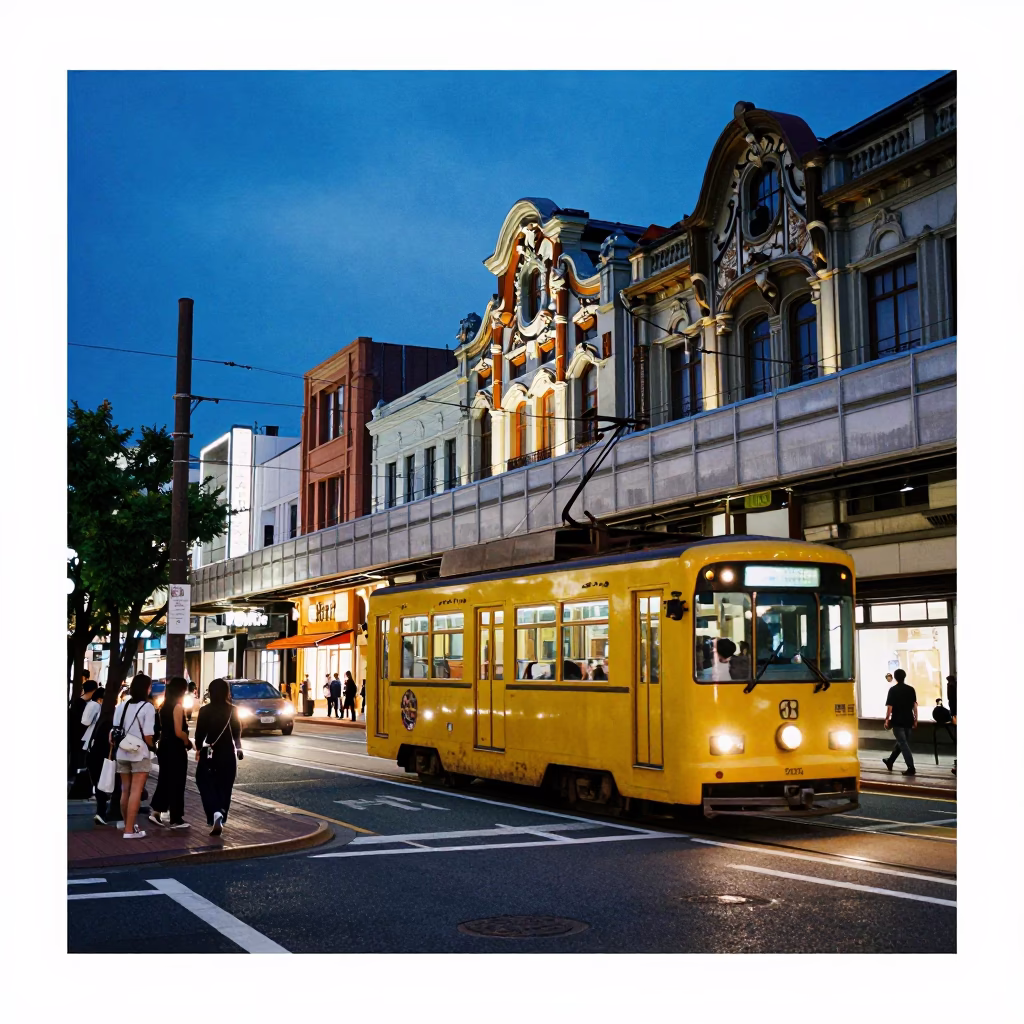 Fukuoka Japan indigo twilight street scene with tram and monorail in in Fukuoka, Japan