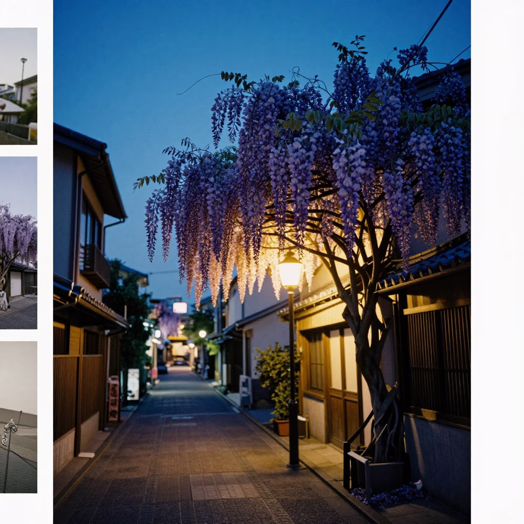 Fukuoka Japan indigo twilight street scene with wisteria and local dining in in Fukuoka, Japan