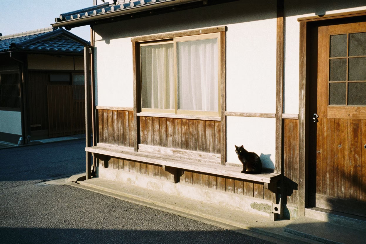 Fukuoka Japan Late Afternoon Street Scene With Black Cat On Windowsill And Urban Details in in Fukuoka, Japan