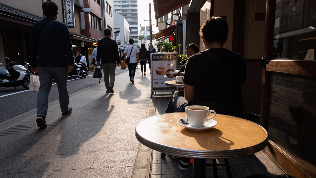 Fukuoka Japan Late Afternoon Street Scene with Espresso Cup and Urban Details in in Fukuoka, Japan
