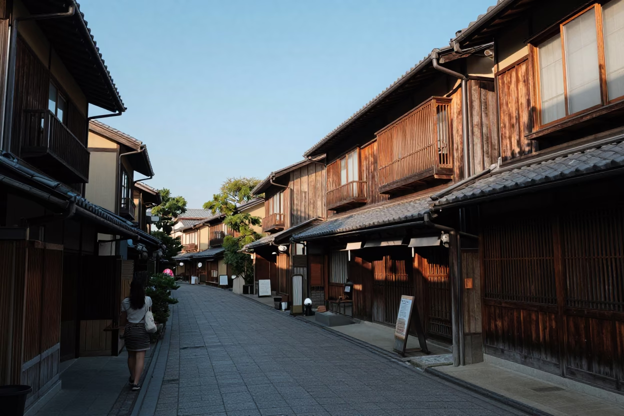 Fukuoka Japan Late Afternoon Street Scene with Traditional Architecture and Urban Life in in Fukuoka, Japan