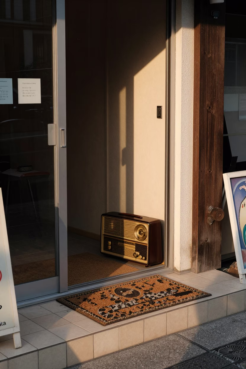 Fukuoka Japan Late Afternoon Street Scene with Vintage Radio and Doormat in in Fukuoka, Japan