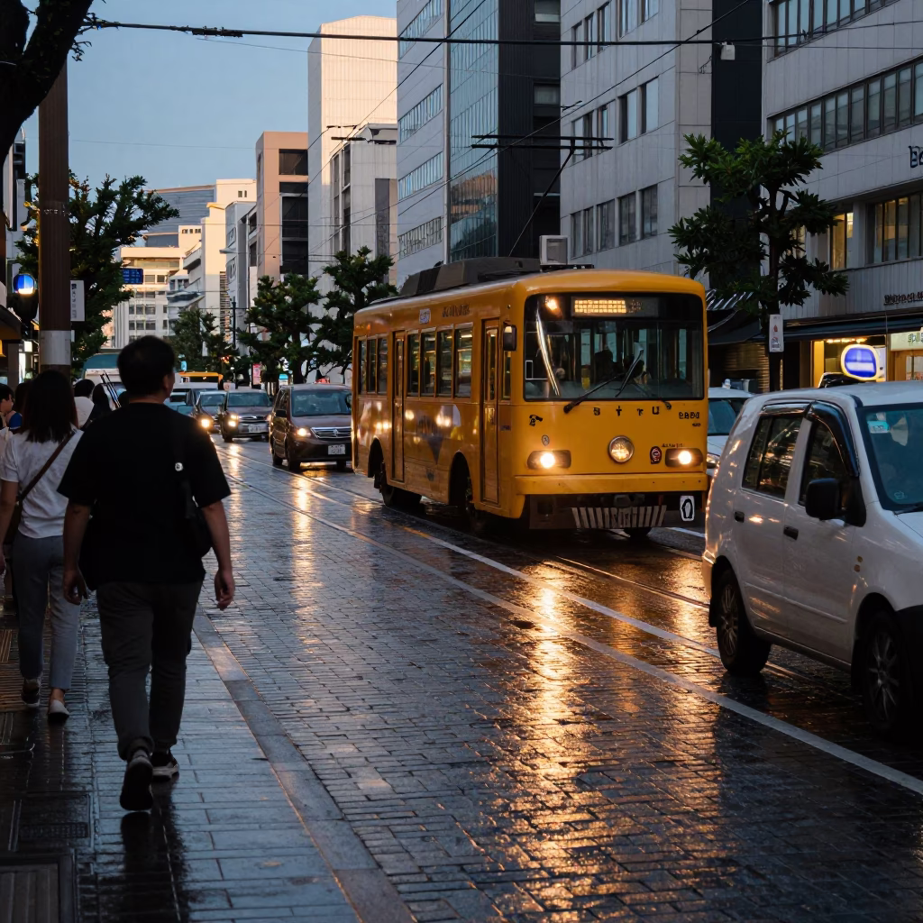 Fukuoka Japan late afternoon street scene with yellow taxi and tramcar reflections in in Fukuoka, Japan