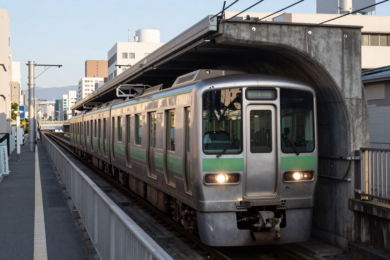 Fukuoka Japan Metro Train Emerging from Tunnel into Late Afternoon Light in in Fukuoka, Japan