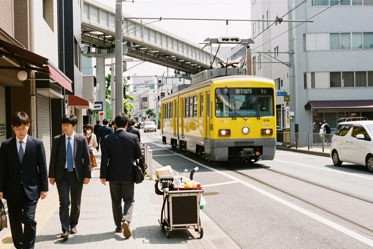 Fukuoka Japan Midmorning Monorail Urban Street Scene with Local Life in in Fukuoka, Japan